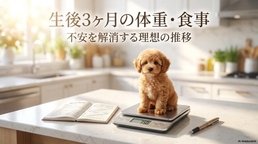 デジタル体重計に乗る生後3ヶ月のトイプードルの子犬。この記事のテーマである「トイプードル 3 ヶ月 体重」の理想的な推移と食事管理を象徴する一枚。