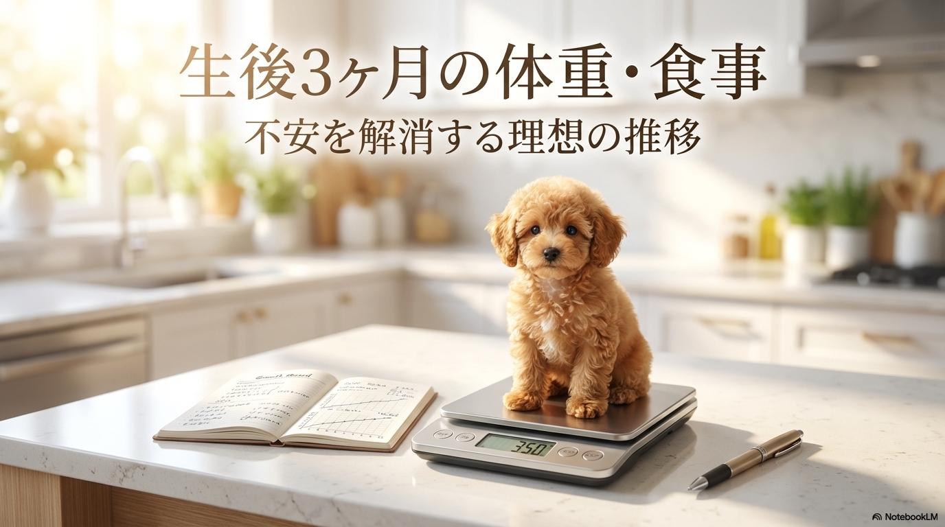 デジタル体重計に乗る生後3ヶ月のトイプードルの子犬。この記事のテーマである「トイプードル 3 ヶ月 体重」の理想的な推移と食事管理を象徴する一枚。