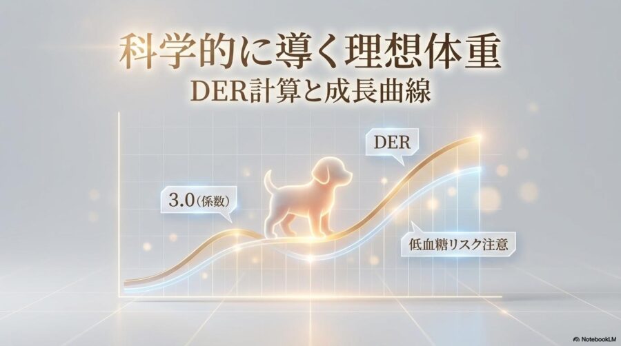 成長曲線とDER計算の概念を示すインフォグラフィック画像。この記事のテーマである「トイプードル 3 ヶ月 体重」を科学的な根拠に基づいて解説することを示す一枚。