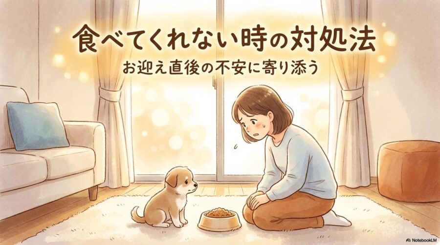 食事を心配そうに見守る飼い主と子犬の温かいイラスト。この記事のテーマである「トイプードル 3 ヶ月 体重」に関連する食欲不振への対処と安心感を伝える一枚。