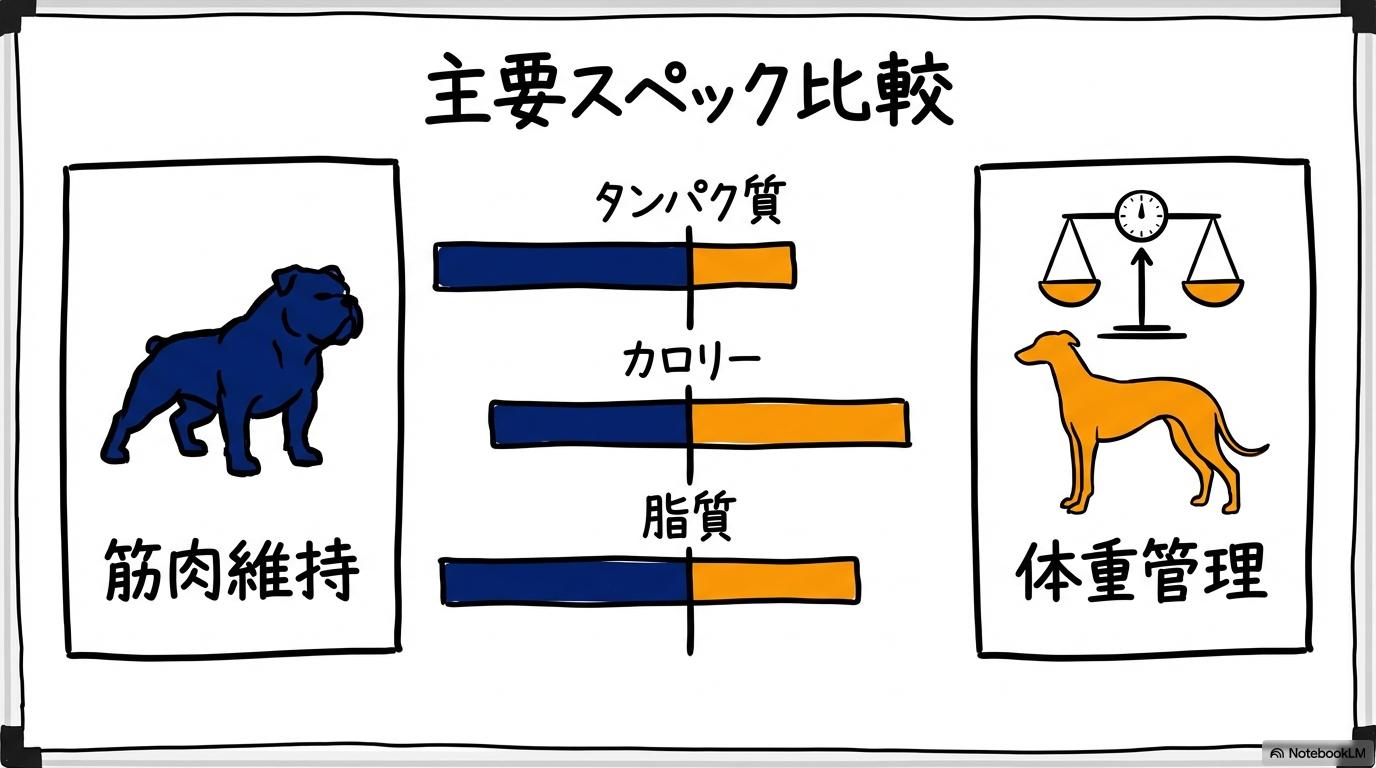 「カナガンとモグワンの主要スペック比較」の図解。筋肉維持と体重管理の特性をカード型で表現した画像。