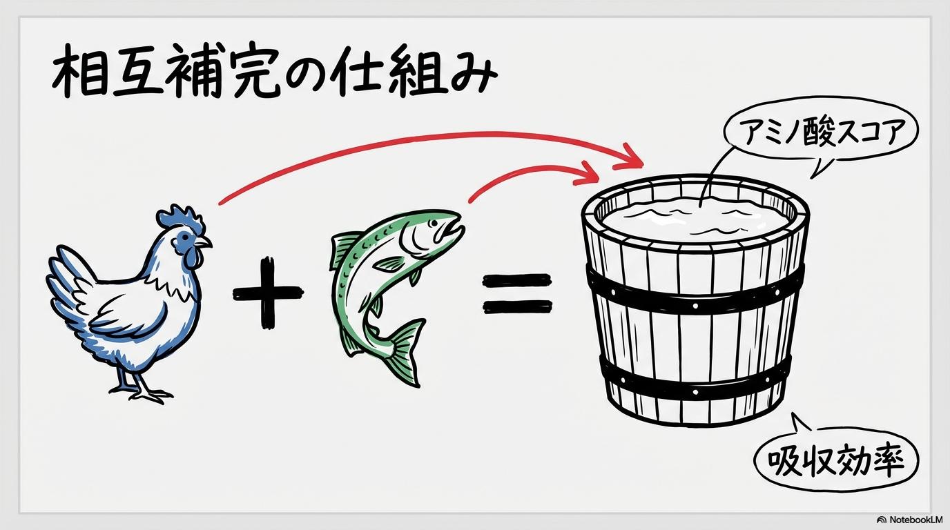 「鶏と魚のタンパク質相互補完」の図解。アミノ酸スコアが最適化される仕組みを数式図で表現した画像。