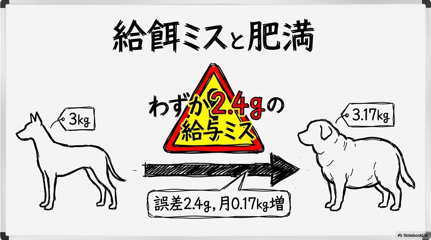 「わずかな給餌量の誤差が招く肥満リスク」の図解。3kgの犬における2.4gの計量ミスによる変化をビフォーアフターで表現した画像。