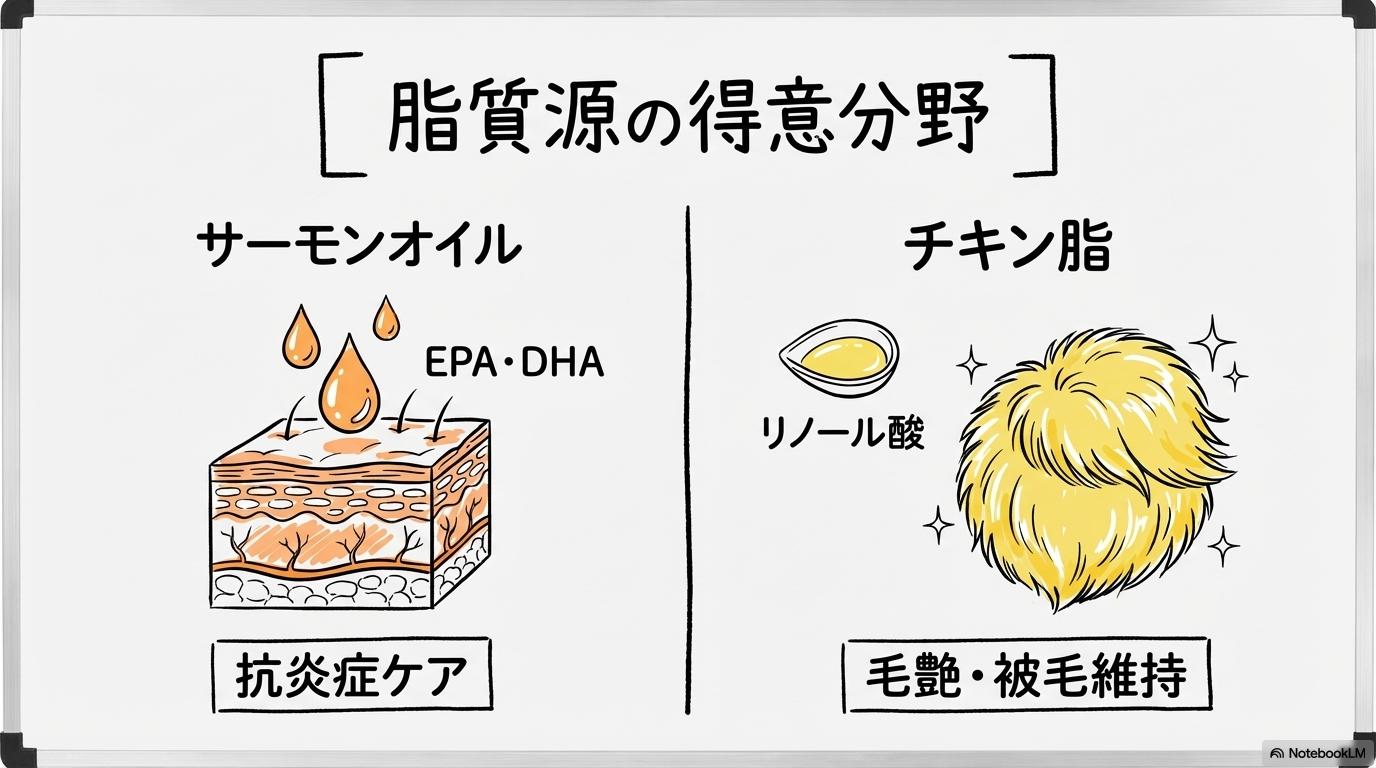 「サーモン油と鶏脂によるケアの違い」の図解。抗炎症と毛艶維持のメカニズムをスプリット構図で表現した画像。