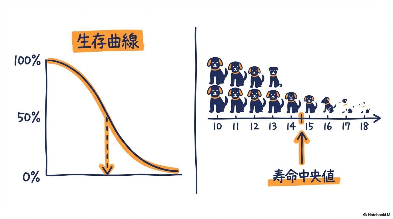 [知っておきたい「中央値」と「生存曲線」が示すリアルな寿命データ]の図解。[グラフ上の曲線]と[年齢ごとの生存率]の関係性を、[スプリット（左右分割）]で表現した画像。