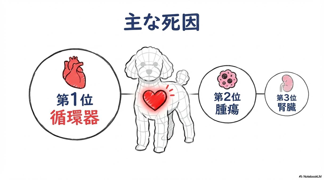 [トイプードルの寿命の中央値に影響する主な死因と心臓病のリスク]の図解。[中心の心臓]と[周囲の死因ランキング]の関係性を、[センター配置]で表現した画像。