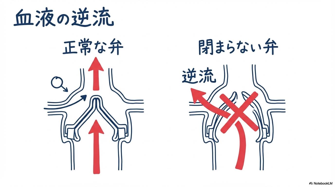 [【初心者向け】僧帽弁閉鎖不全症（MR）の仕組みと早期発見のサイン]の図解。[正常な血液の流れ]と[逆流する血液]の関係性を、[ビフォーアフター（状態変化）]で表現した画像。