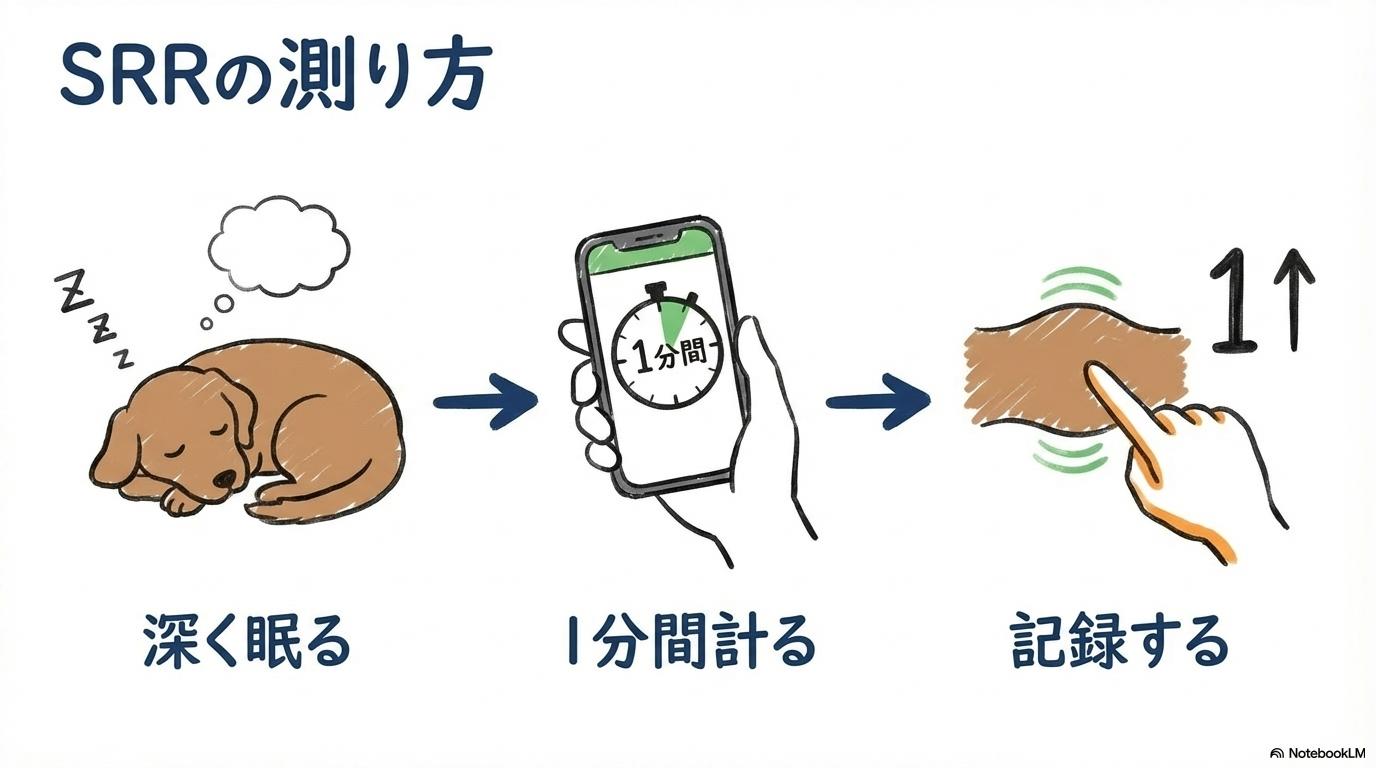 [自宅でできる「安静時呼吸数（SRR）」の測定方法と異常の基準]の図解。[眠る犬]から[記録]までの手順を、[3ステップ図]で表現した画像。