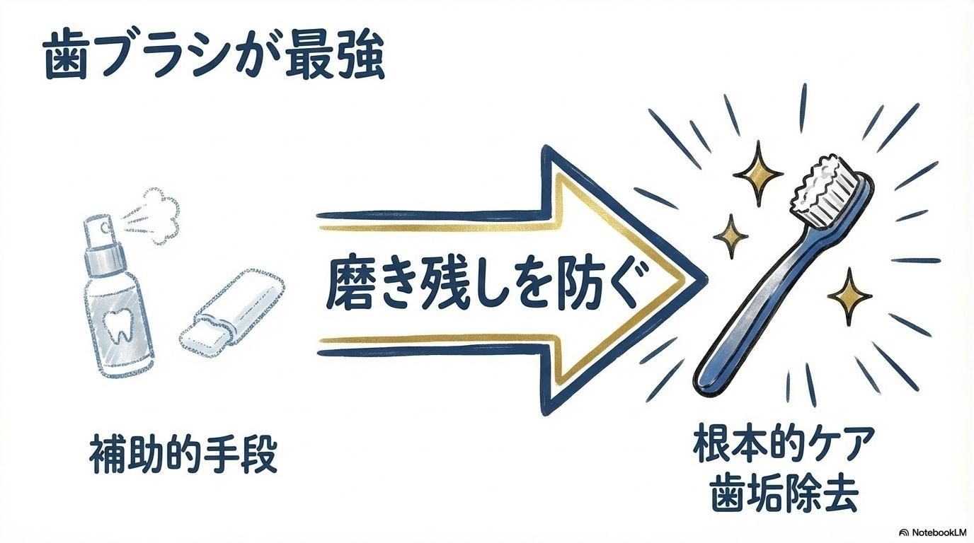 [補助アイテムに頼りすぎない！効果的なブラッシングの手順と習慣化]の図解。[ガム・スプレー]と[歯ブラシ]の関係性を、[VS図（対決）]で表現した画像。