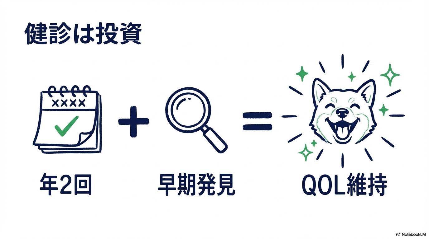 [寿命の中央値が延びる？トイプードルに必要な健康診断の頻度と費用]の図解。[健診回数]と[健康な未来]の関係性を、[数式図]で表現した画像。