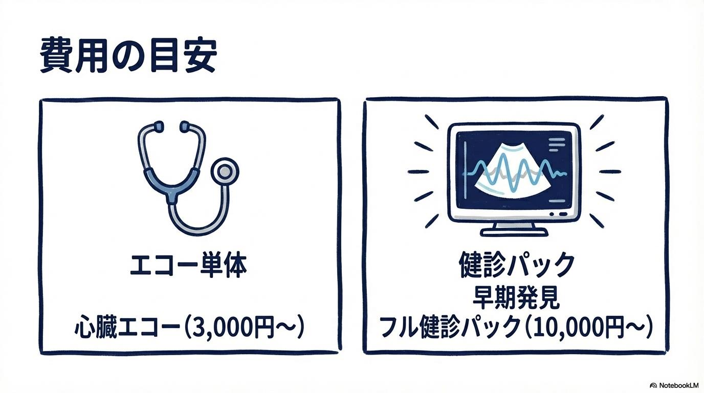 [心臓エコー検査の費用相場と受診のタイミング]の図解。[エコー単体費用]と[パック費用]の関係性を、[カード型]で表現した画像。
