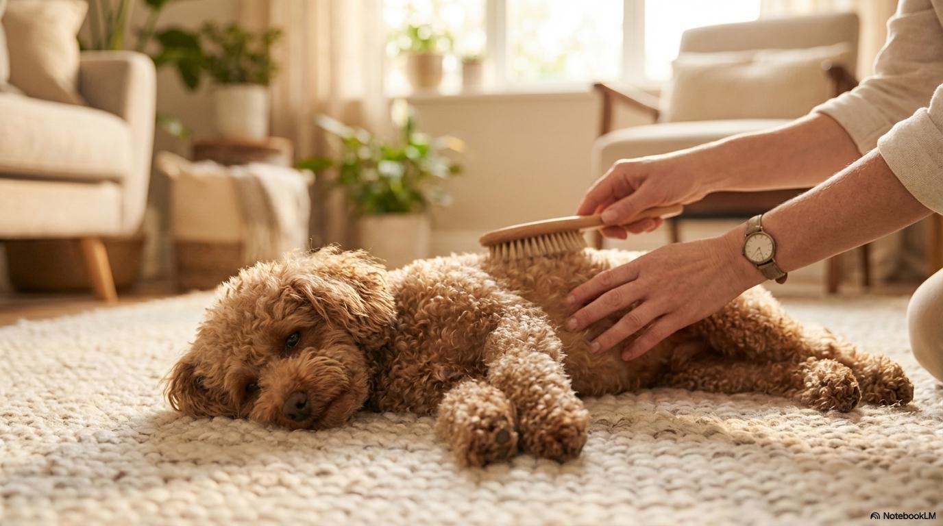 [【体験談】トイプードルの寿命の中央値を超えたい私が実践する健康管理]のイメージ。[飼い主]と[愛犬]の関係性を、[フォトリアル]で表現した画像。