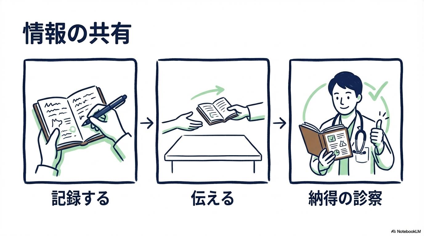 [かかりつけ医との信頼関係を築く「健康ノート」の活用術]の図解。[記録]から[信頼関係]までの手順を、[3ステップ図]で表現した画像。