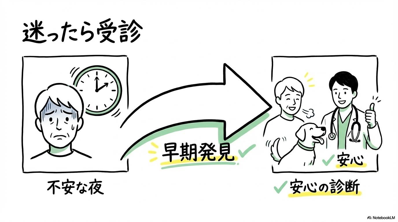 [「おかしい」と思ったらすぐ受診！後悔しないための判断基準]の図解。[迷い]と[受診後の安心]の関係性を、[ビフォーアフター（状態変化）]で表現した画像。