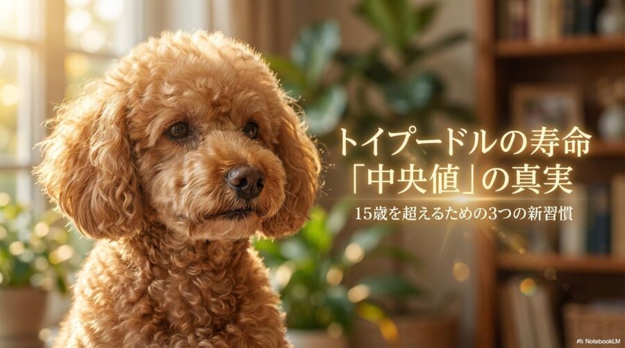 柔らかな光の中で穏やかな表情を見せるシニア期のトイプードル。この記事のテーマである「トイプードル 寿命 中央値」と、長生きのためのケア習慣を象徴する一枚。