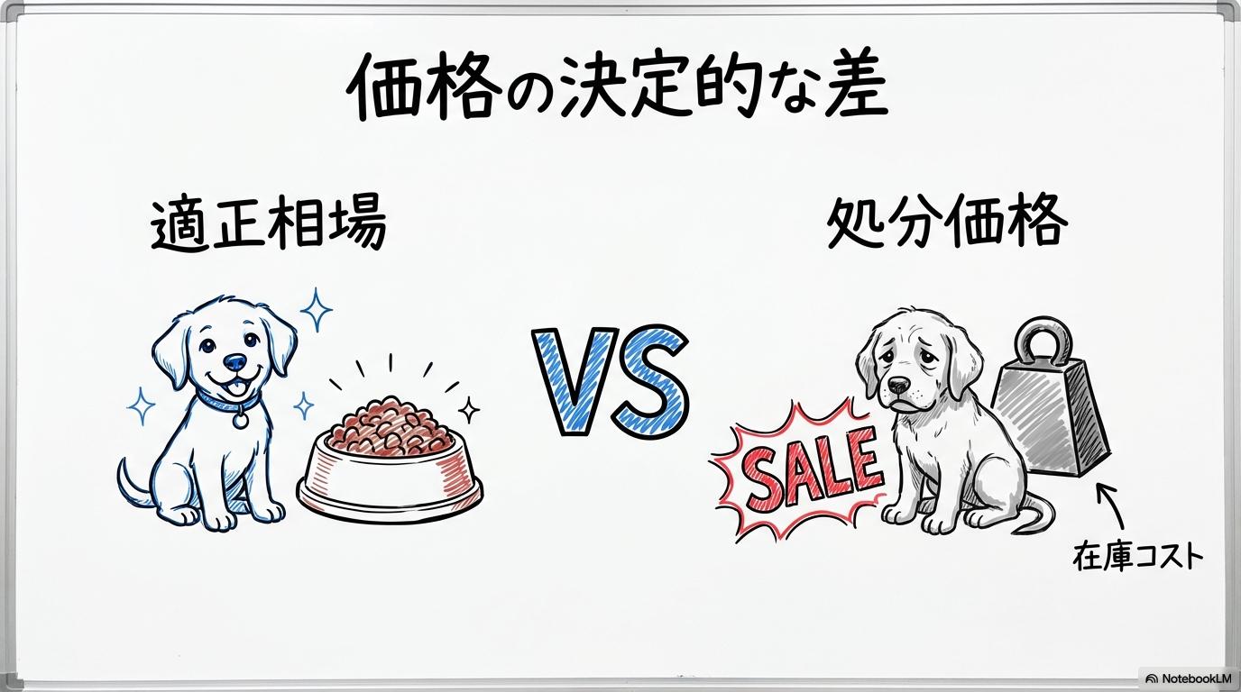 [トイプードルが3万円で販売される理由とは？適正な価格相場との決定的な違い]の図解。[適正相場]と[処分価格]の関係性を、[VS図（対決）]で表現した画像。