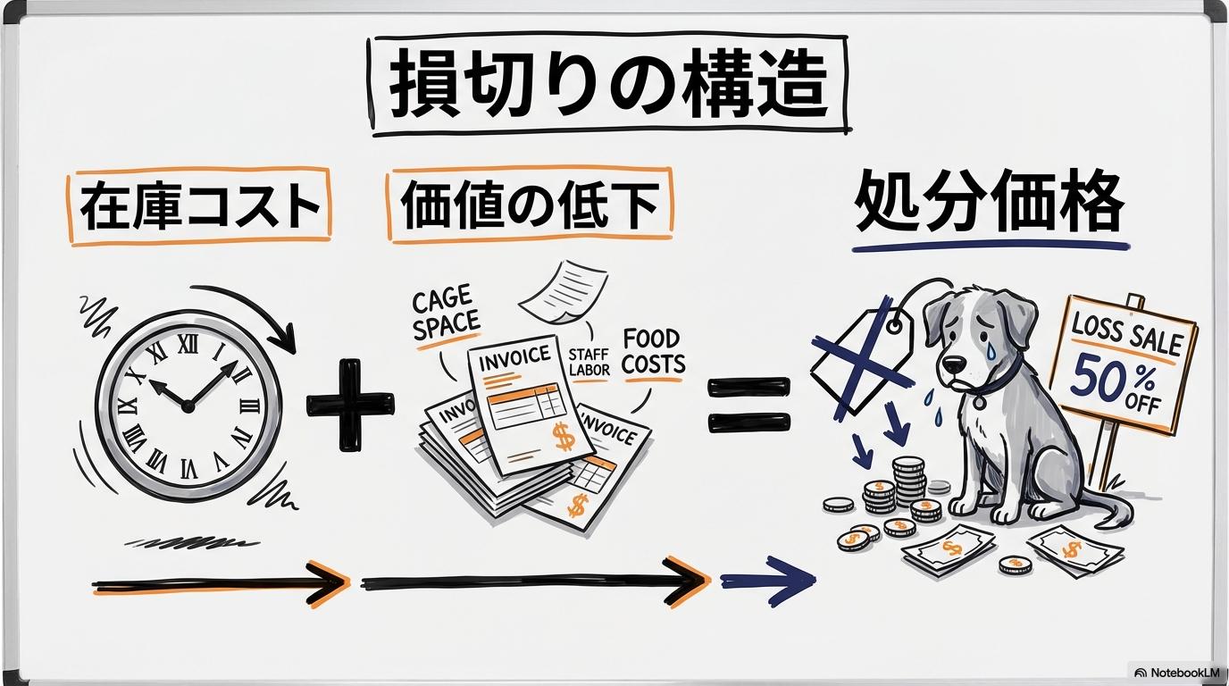 [なぜそこまで下がる？ペットショップが「処分価格」を設定する経営的背景]の図解。[在庫コスト]と[処分価格への移行]の関係性を、[数式図]で表現した画像。