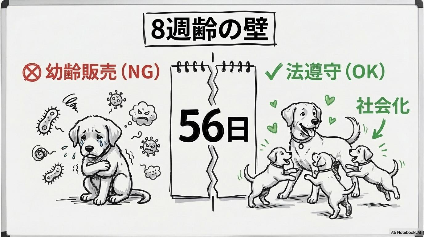 [トイプードル3万円の裏にある法的闇？動物愛護管理法「8週齢規制」と生年月日改ざん]の図解。[早期引き離し]と[法遵守]の関係性を、[ビフォーアフター（状態変化）]で表現した画像。