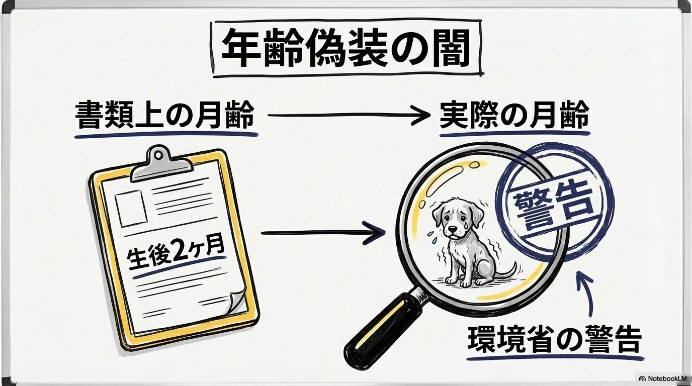 [環境省が公式警告！生体オークションに蔓延する「年齢偽装」の実態]の図解。[書類上の年齢]と[実際の幼さ]の関係性を、[スプリット（左右分割）]で表現した画像。