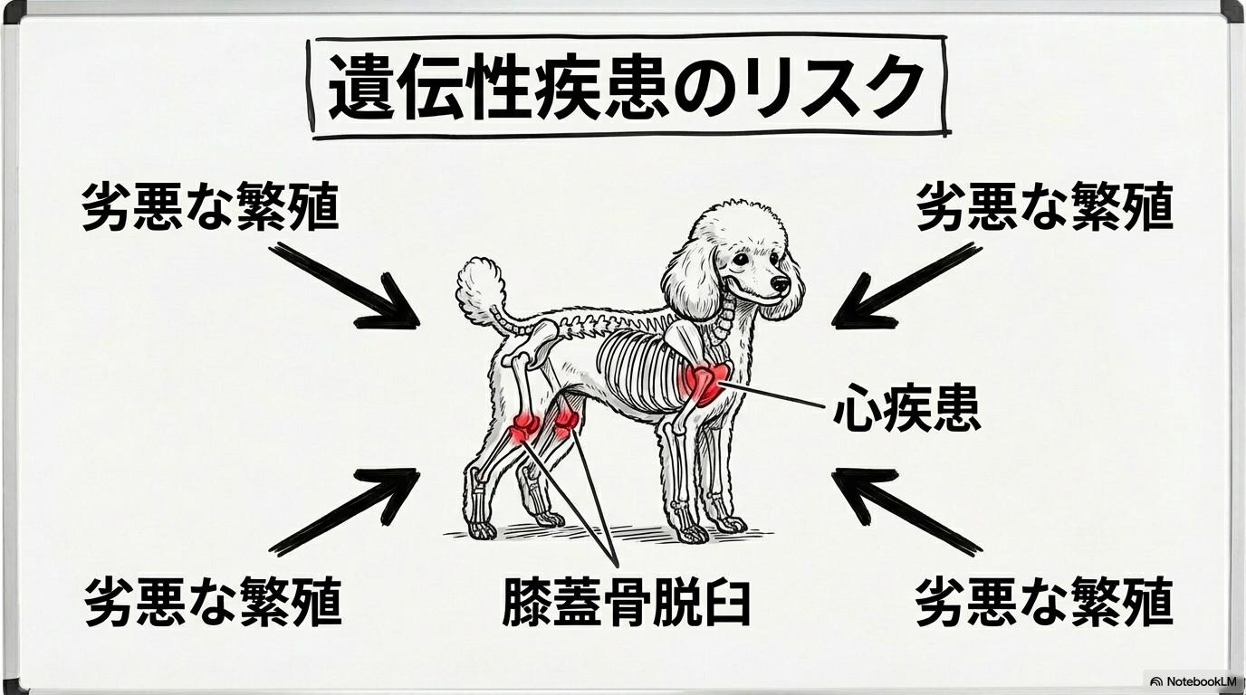 [トイプードル3万円の源泉は大量繁殖？パピーミル産の健康欠陥と遺伝性疾患のリスク]の図解。[不適切な交配]と[身体的疾患]の関係性を、[センター配置]で表現した画像。