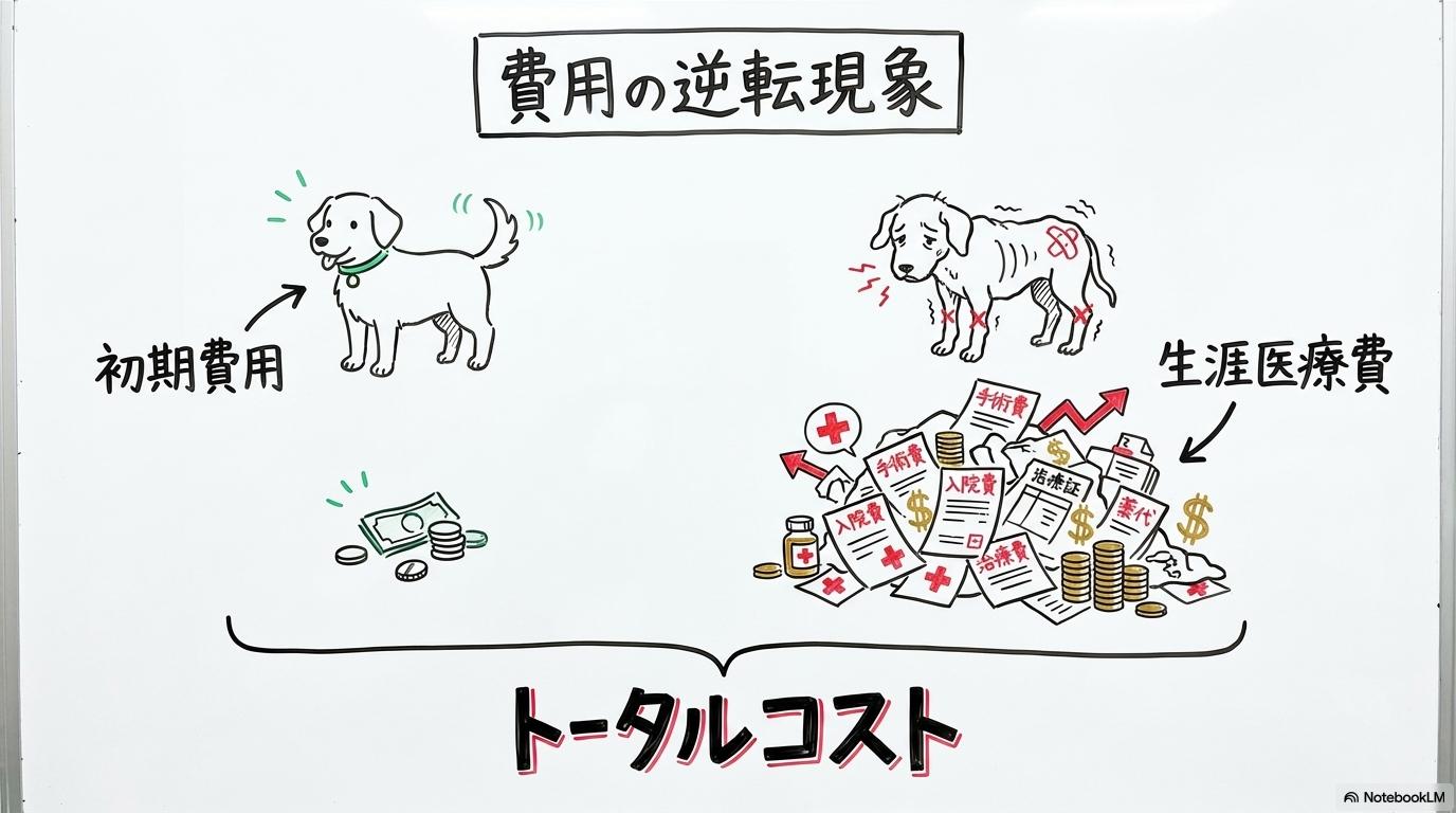 [格安個体をお迎えした直後に直面する「高額医療費」のシミュレーション]の図解。[初期費用の安さ]と[累積医療費]の関係性を、[VS図（対決）]で表現した画像。