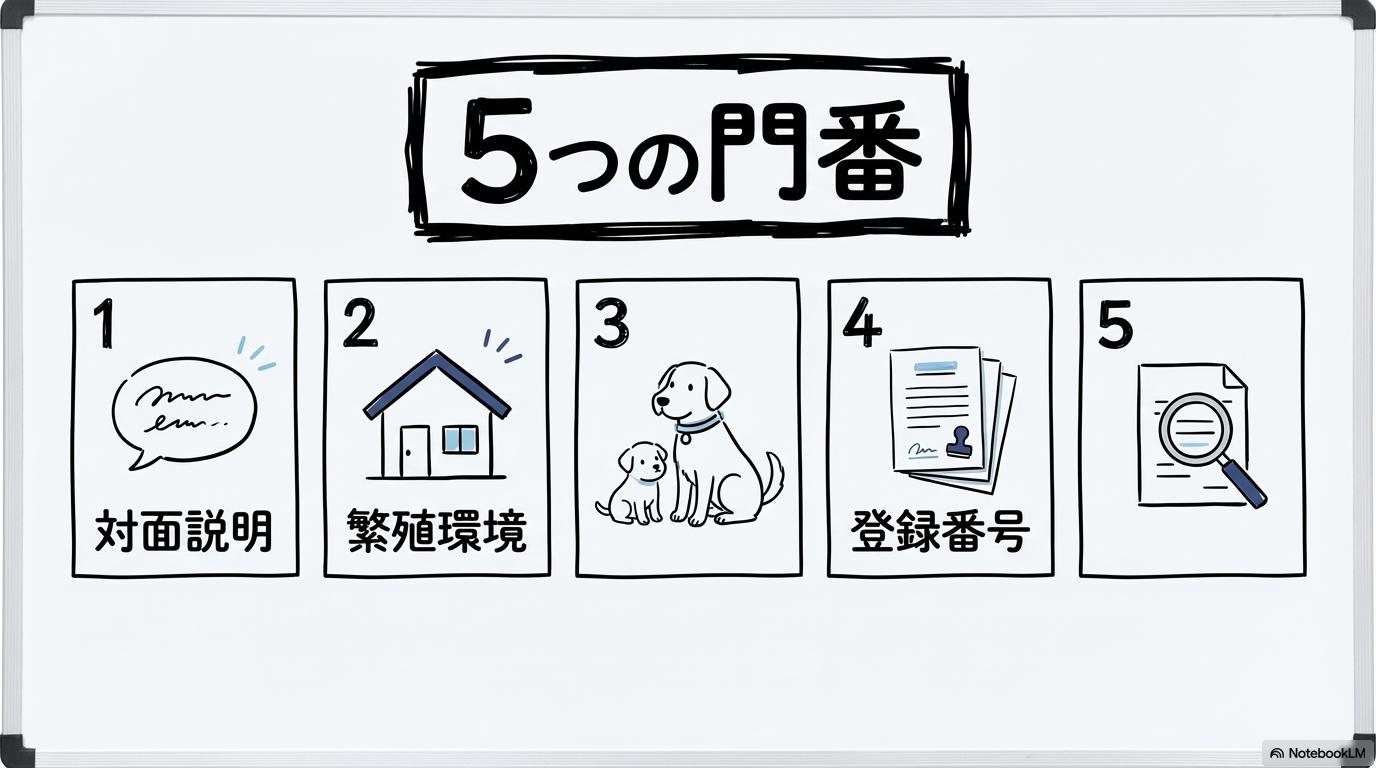 [トイプードルを3万円で探す前に確認！優良ブリーダーを見極める5つの判断ポイント]の図解。[5つのチェック項目]を、[カード型]で表現した画像。
