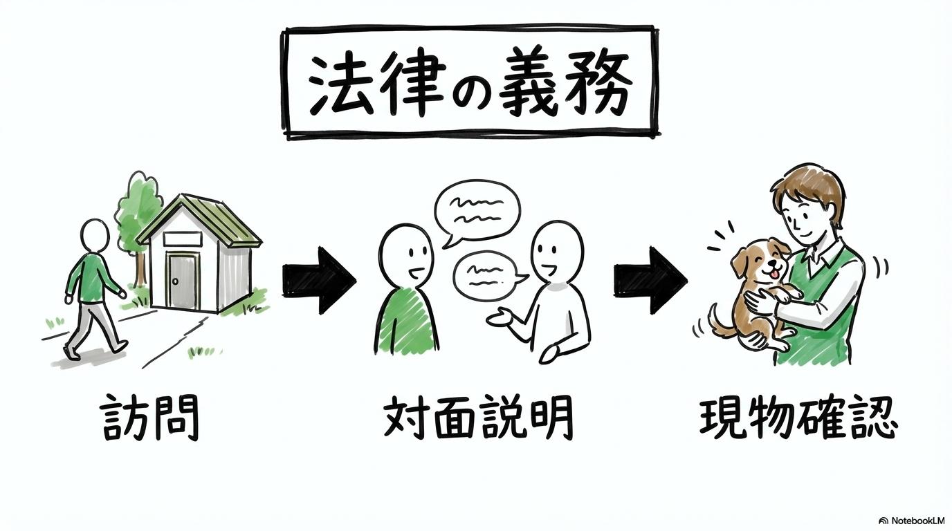 [法律で義務付けられた「見学・対面説明」を拒む業者は要注意]の図解。[訪問]から[確認]までの手順を、[3ステップ図]で表現した画像。