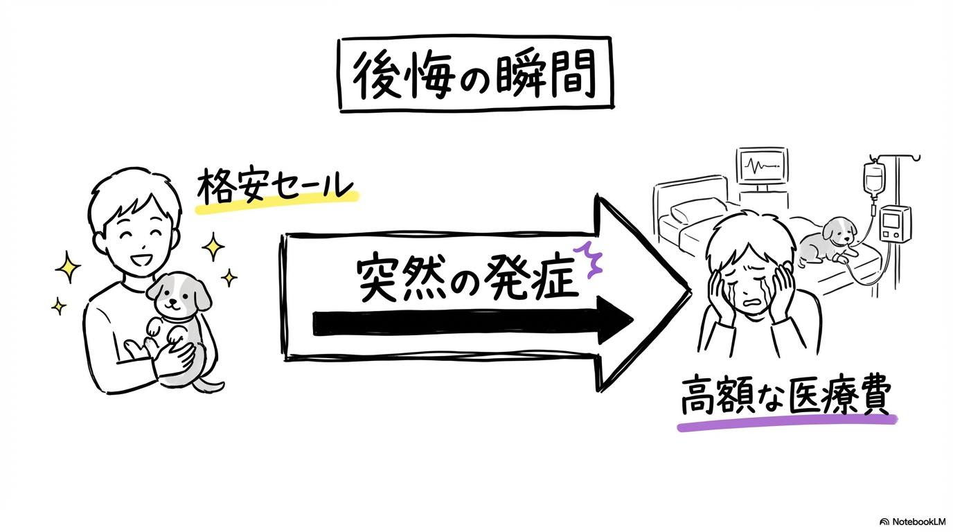 [【体験談】トイプードルを3万円の安さだけで選んで後悔した事例と想定外の費用]の図解。[安さへの喜び]と[発症後の後悔]の関係性を、[ビフォーアフター（状態変化）]で表現した画像。