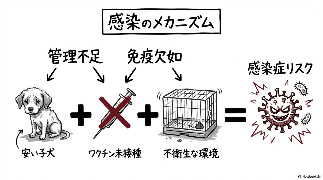 [ケース1：激安セールで迎えた数日後、パルボ感染で入院した悲劇]の図解。[不十分な管理]と[ウイルス発症]の関係性を、[数式図]で表現した画像。