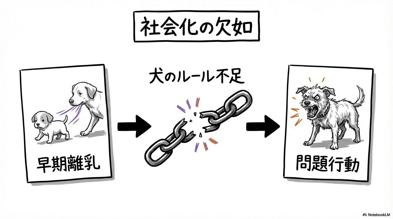 [ケース2：幼齢販売の疑いがあった個体の「消えない咬み癖」との格闘]の図解。[早期引き離し]と[問題行動]の関係性を、[カード型]で表現した画像。