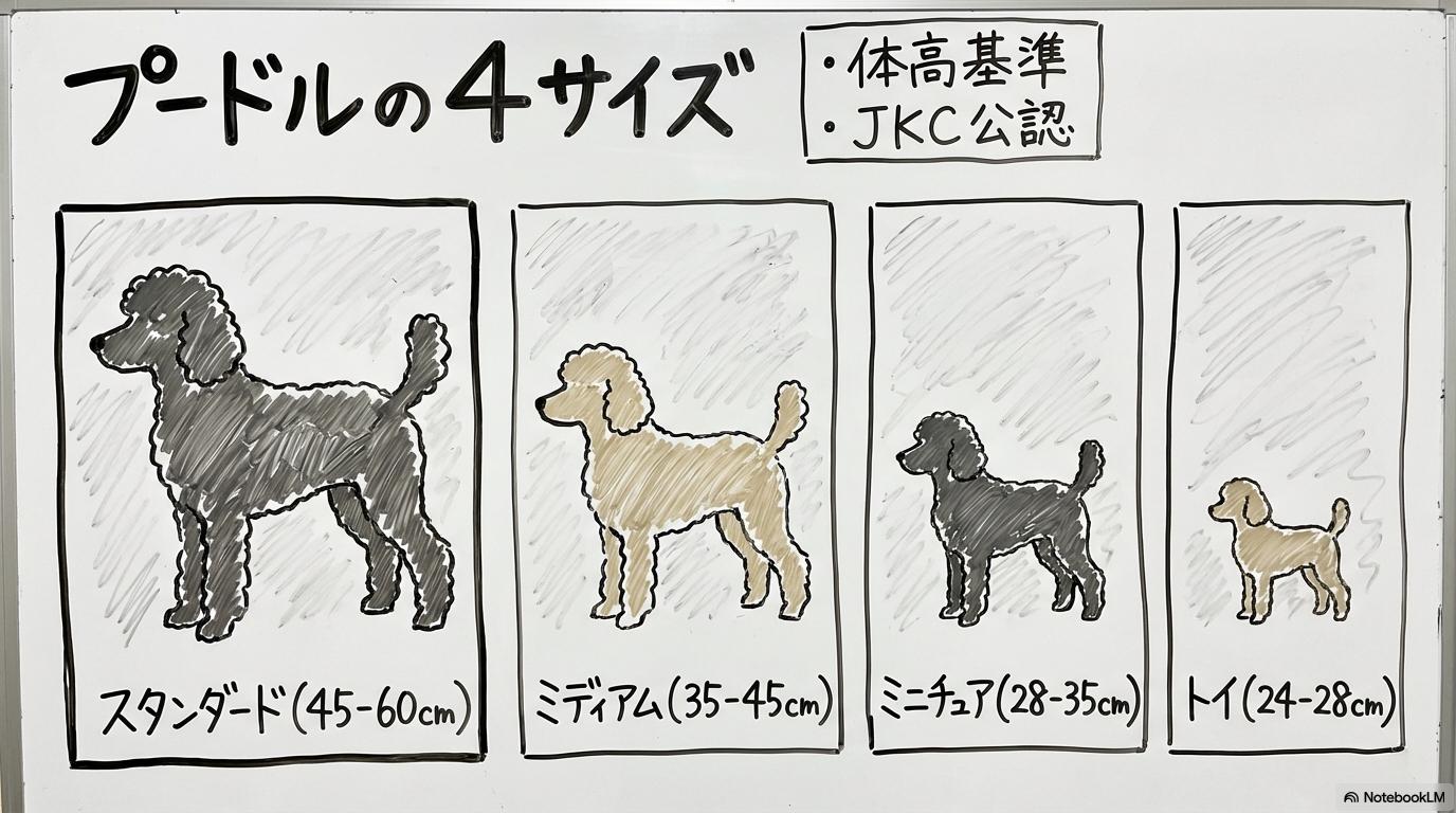 JKCが定めるプードルの4サイズ基準。トイからスタンダードまでの体高の違いをカード形式で比較した画像。
