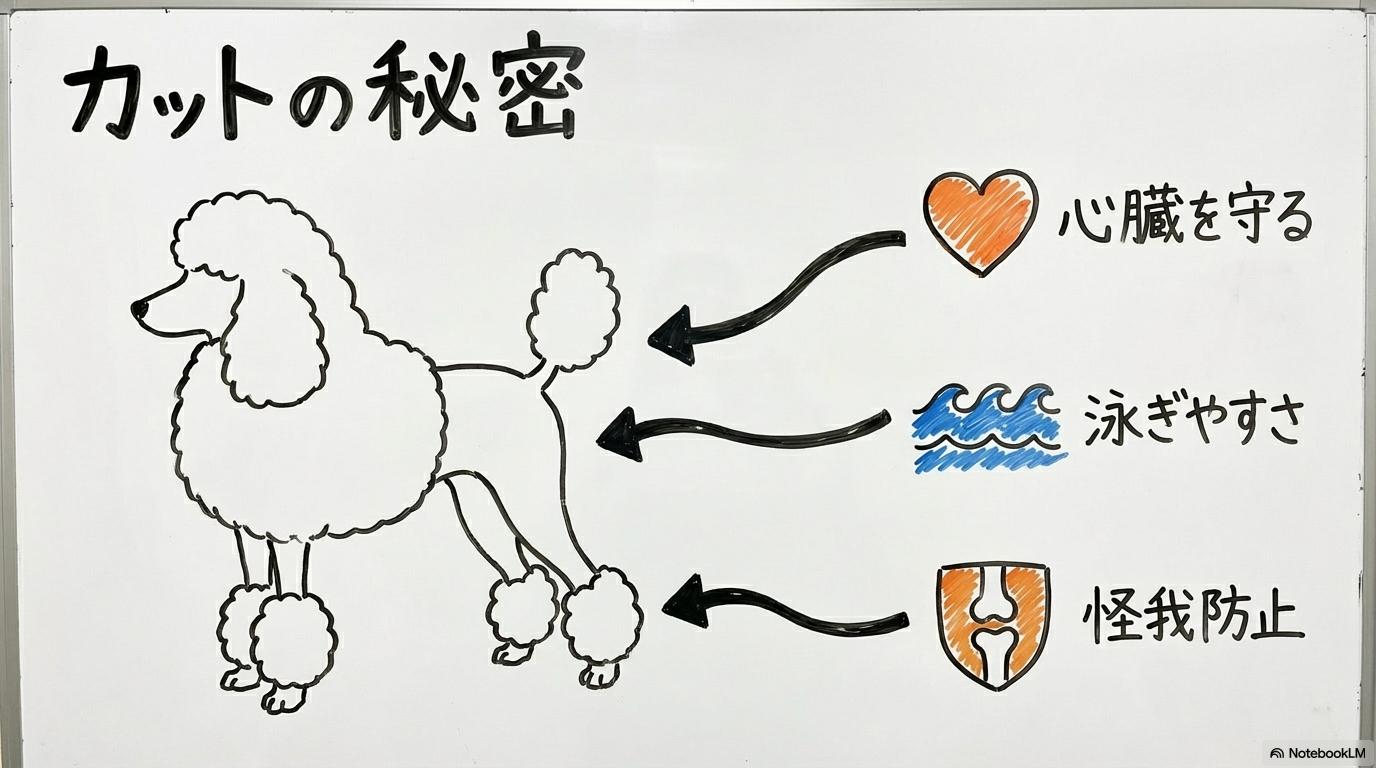 プードルの伝統的カットの目的。胸部の保温と足回りの機動性を両立させた水猟犬時代の機能を解説した図解。