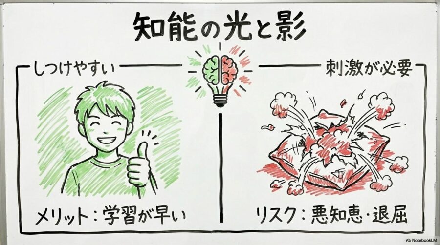 トイプードルの知能が高いことによるメリットとリスク。学習の早さと退屈による問題行動の可能性を対比させた画像。