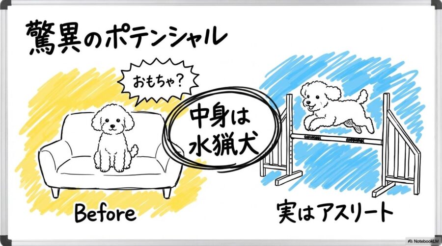 トイプードルのイメージと実態のギャップ。愛らしい見た目と、アスリート並みの運動能力を対比させた画像。