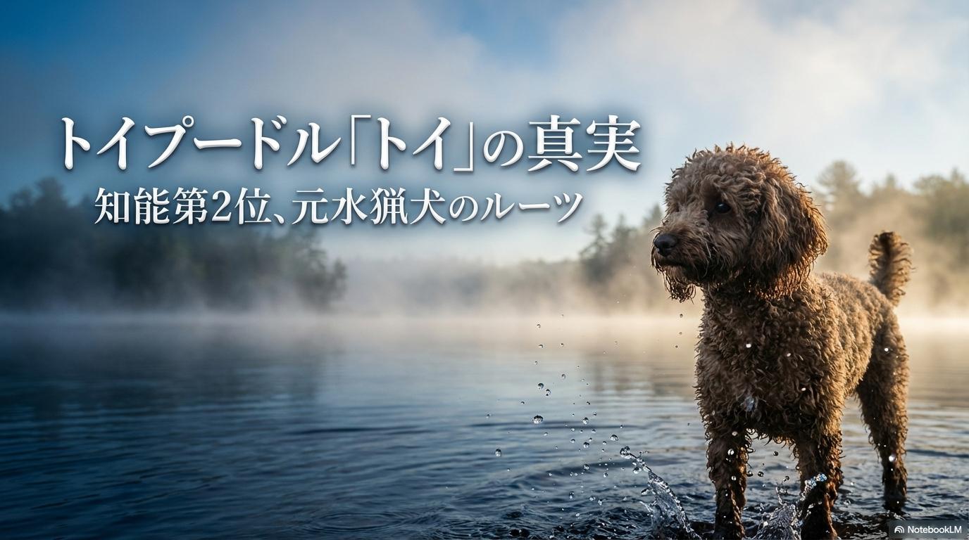 霧の立ち込める湖畔で凛とした表情を見せるトイプードル。この記事のテーマである「トイプードル トイとは」という名称の由来と水猟犬としての本能を象徴する一枚。