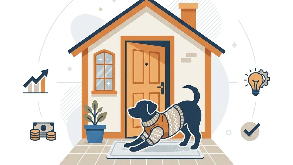 防寒着を着て準備運動する犬のイメージ図