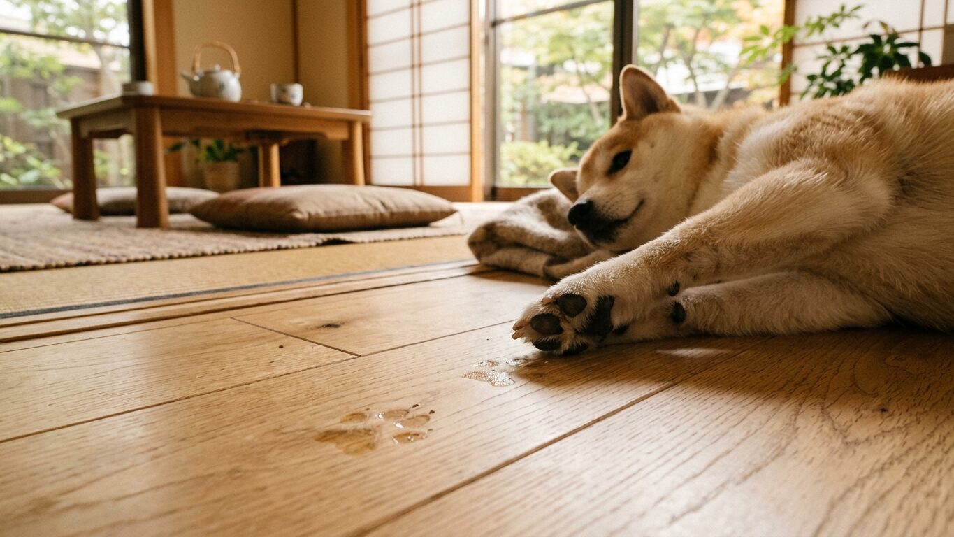 フローリングにうっすらと残った犬の足跡と肉球のアップ