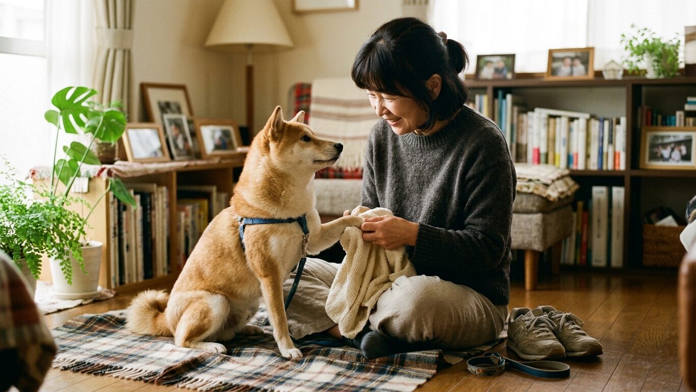 犬の足裏を気にしてチェックする飼い主の様子