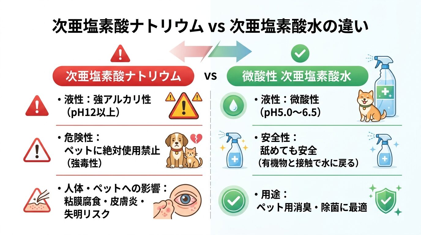 次亜塩素酸ナトリウムと微酸性次亜塩素酸水の化学的性質・pH・安全性の比較図解