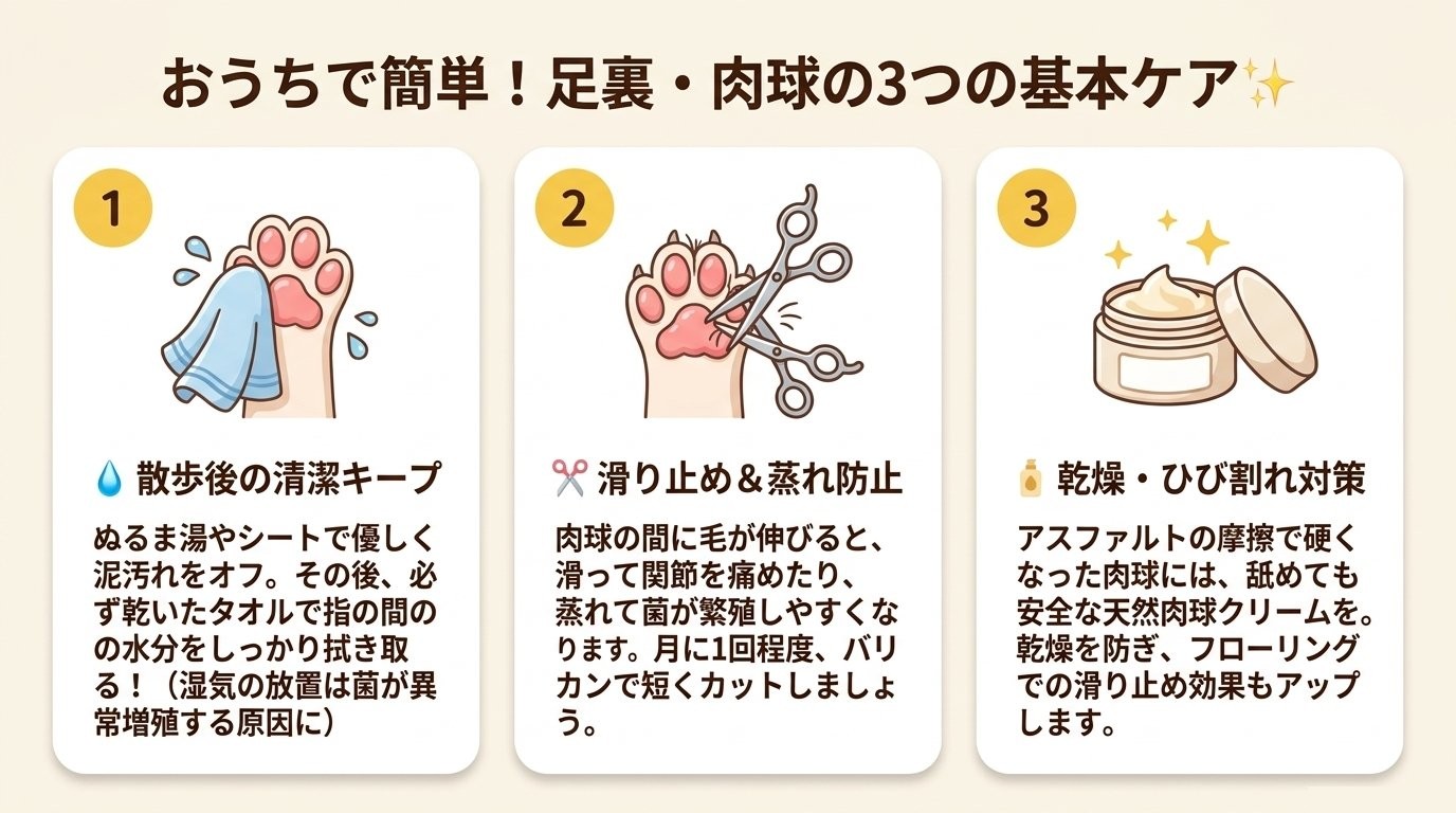 犬の足裏・肉球の自宅でできる3ステップケア手順