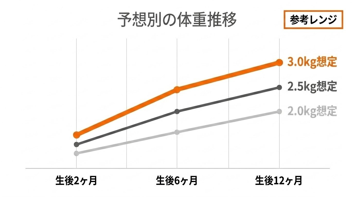 タイニープードル成犬2.0kg・2.5kg・3.0kg想定別の月齢推移グラフ