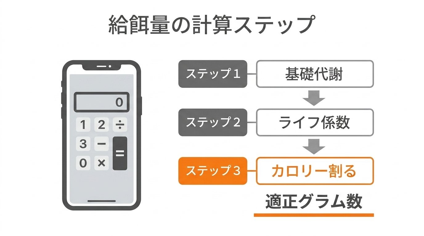 電卓でできる基礎代謝からフード量換算までのDER計算ステップ