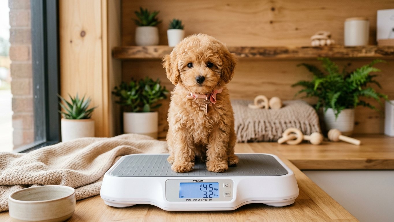 デジタルスケールで生後3ヶ月の子犬の体重を計測する様子