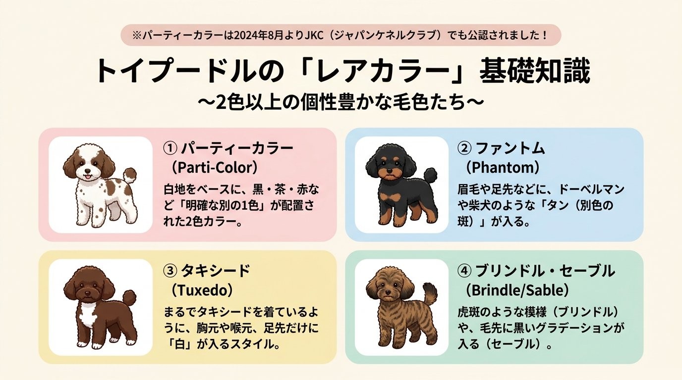 トイプードルのレアカラー基礎知識図解（パーティーカラー・ファントム・タキシード・ブリンドル・セーブル）