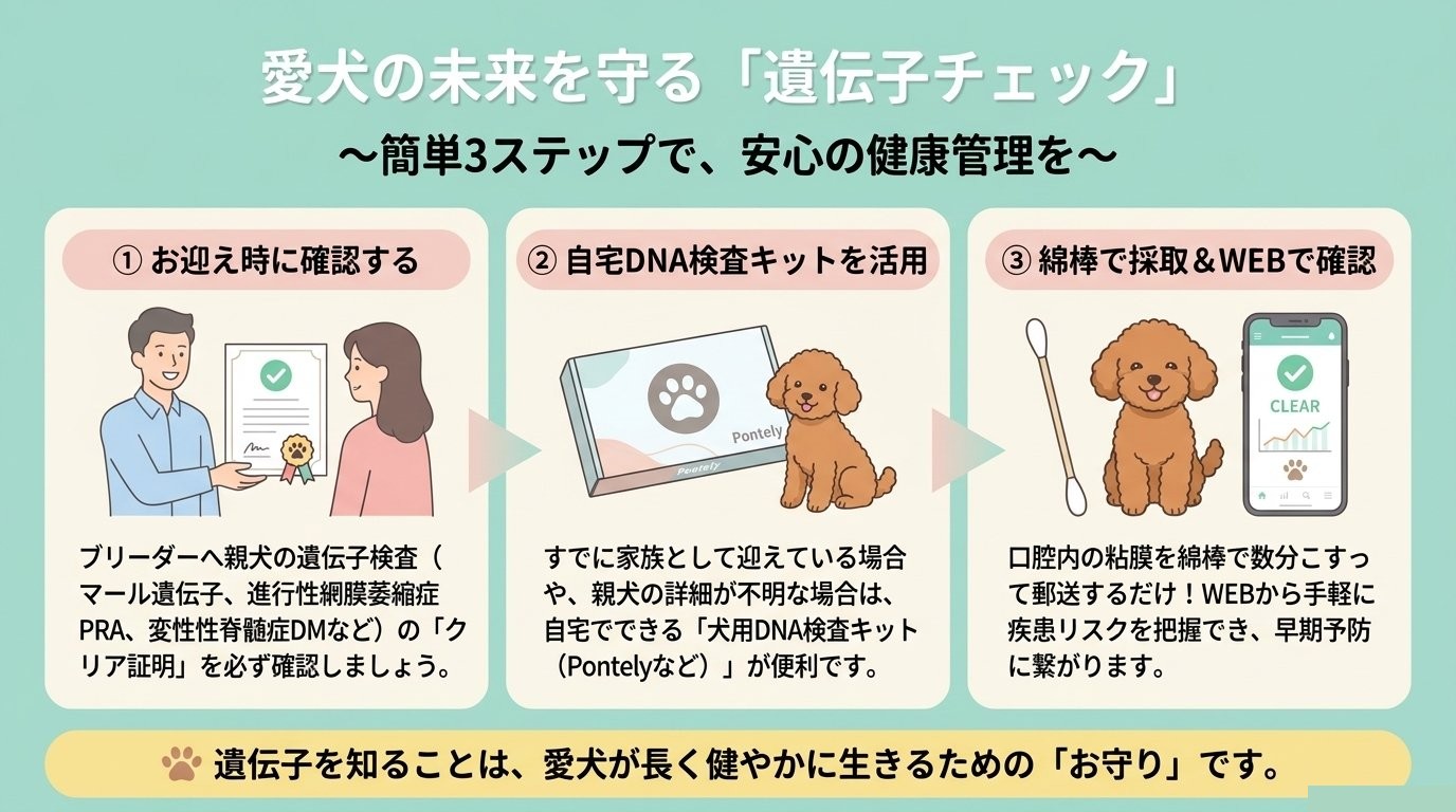 愛犬の未来を守る遺伝子チェック簡単3ステップ図解（親犬の確認・自宅DNA検査キット・WEB確認）