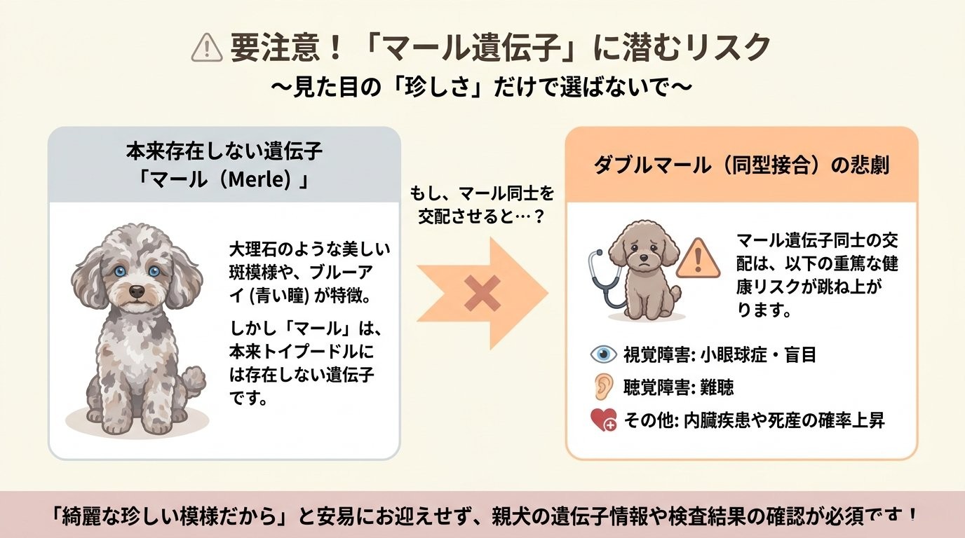 要注意！マール遺伝子に潜むリスク図解（ダブルマールによる視覚・聴覚障害と健康被害）
