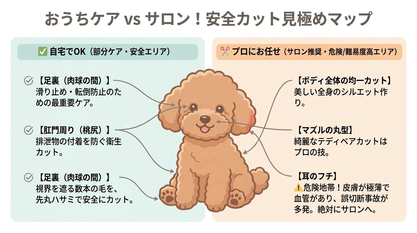 おうちケアvsサロン！トイプードルの安全カット見極めマップ図解（足裏・肛門周り・目周り）