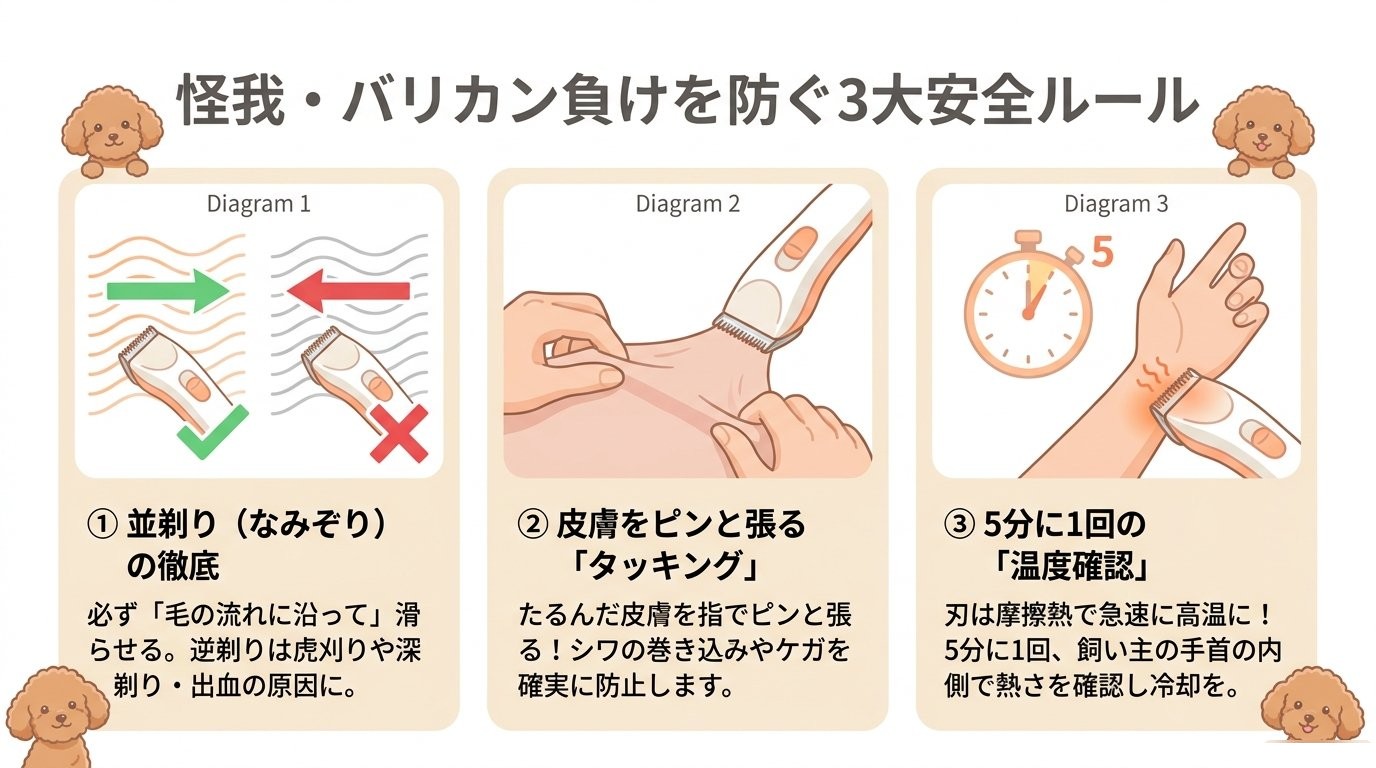 怪我・バリカン負けを防ぐ3大安全ルール図解（並剃り・タッキング皮膚の伸ばし方・5分冷却）