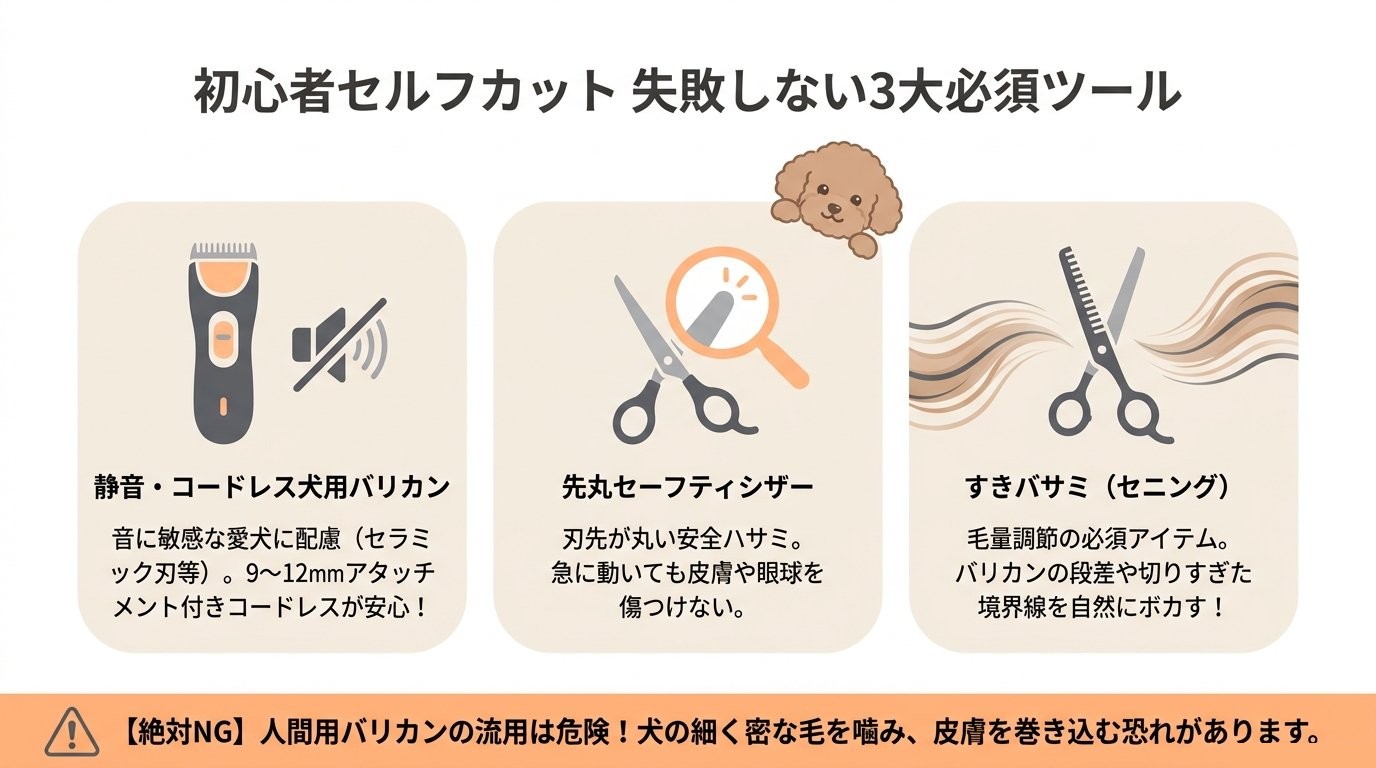 初心者セルフカット失敗しない3大必須ツール図解（静音バリカン・先丸セーフティシザー・すきバサミ）