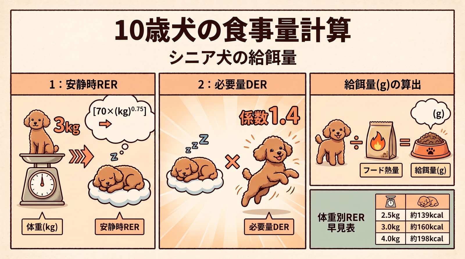 10歳犬の食事量計算（安静時RERから係数1.4でのDER必要量・給餌量算出）
